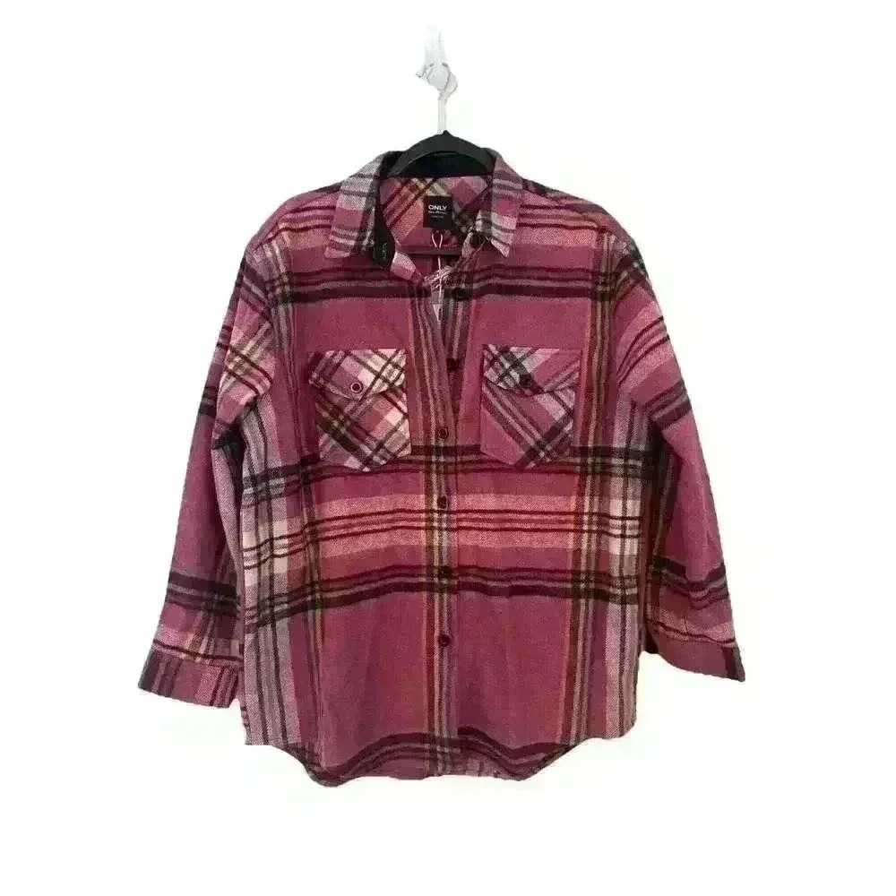 ONLY Plaid Shirt Jacket Pink Black Flannel Shacket Womens Size 7/8 NEW